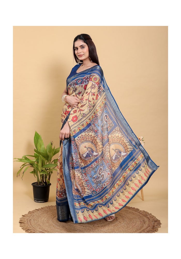 Malishka Export Artistic Brown & Teal Motif Linen Cotton Saree for Women - Image 5